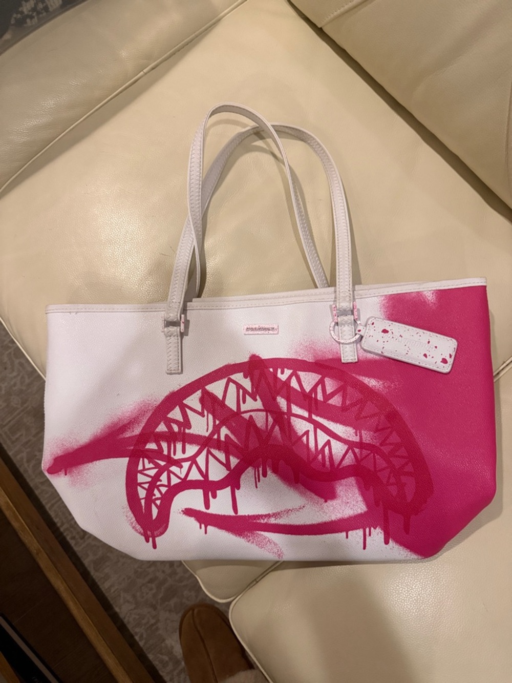 Sprayground  White & Hot Pink Graffiti Leather Tote